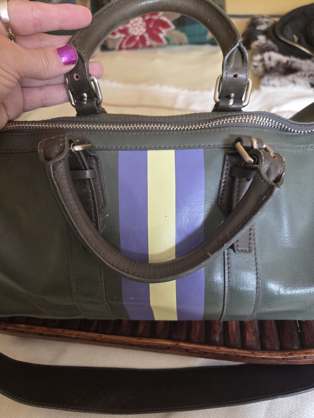 Club Monaco Olive Green Duffel with Blue and Yellow Center Stripe - Picture 3 of 7